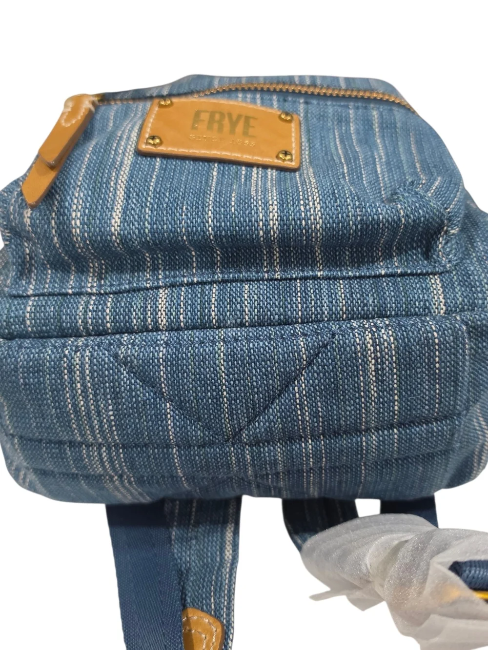 FRYE Small Striped Denim Backpack in Blue with Leather Tan Accents